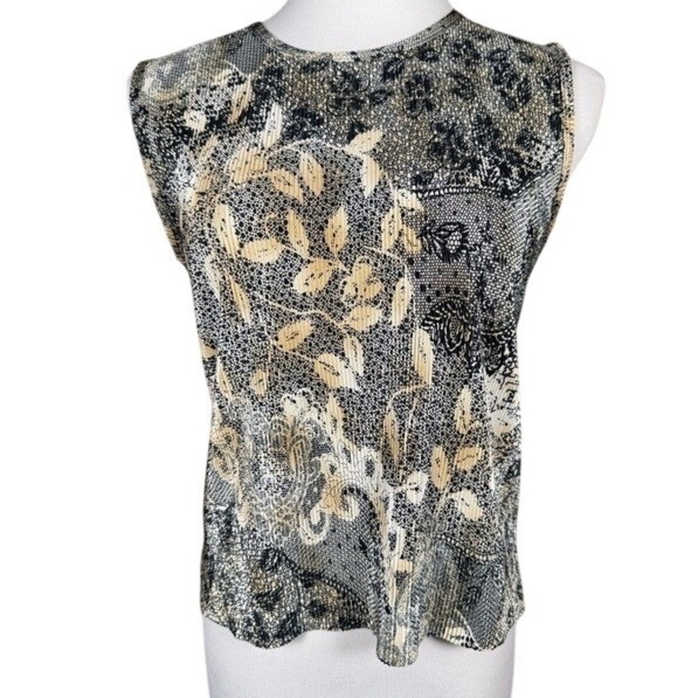 Plisse Womens Sleeveless Pleated Floral Lace‎ Print Top Black Gold Silver Medium